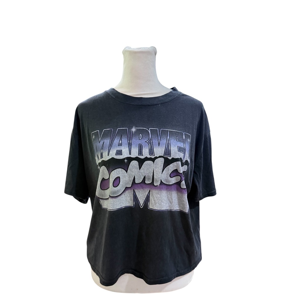 Mighty Fine Marvel Comics Graphic T-Shirt XL Black Purple Ombre Logo Crop Tee